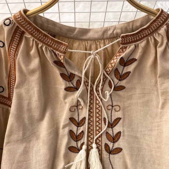 010 Boho Cotton Embroidered Floral Tassel Neck Tie Blouse - Picture 3 of 8